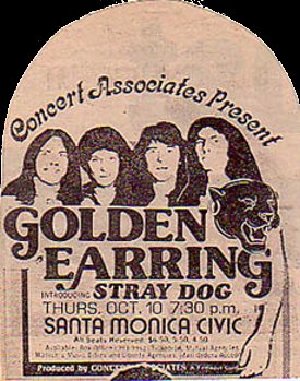 Golden Earring show ad Santa Monica, California - Civic Center October 10, 1974